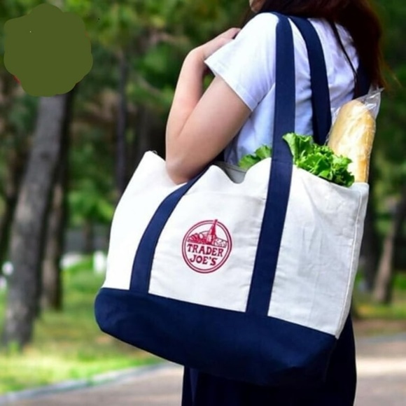 TRADER JOE'S Set of 2 -Reusable Cavas Tote Bag in Natural and Navy Blue - NWT - Picture 1 of 6